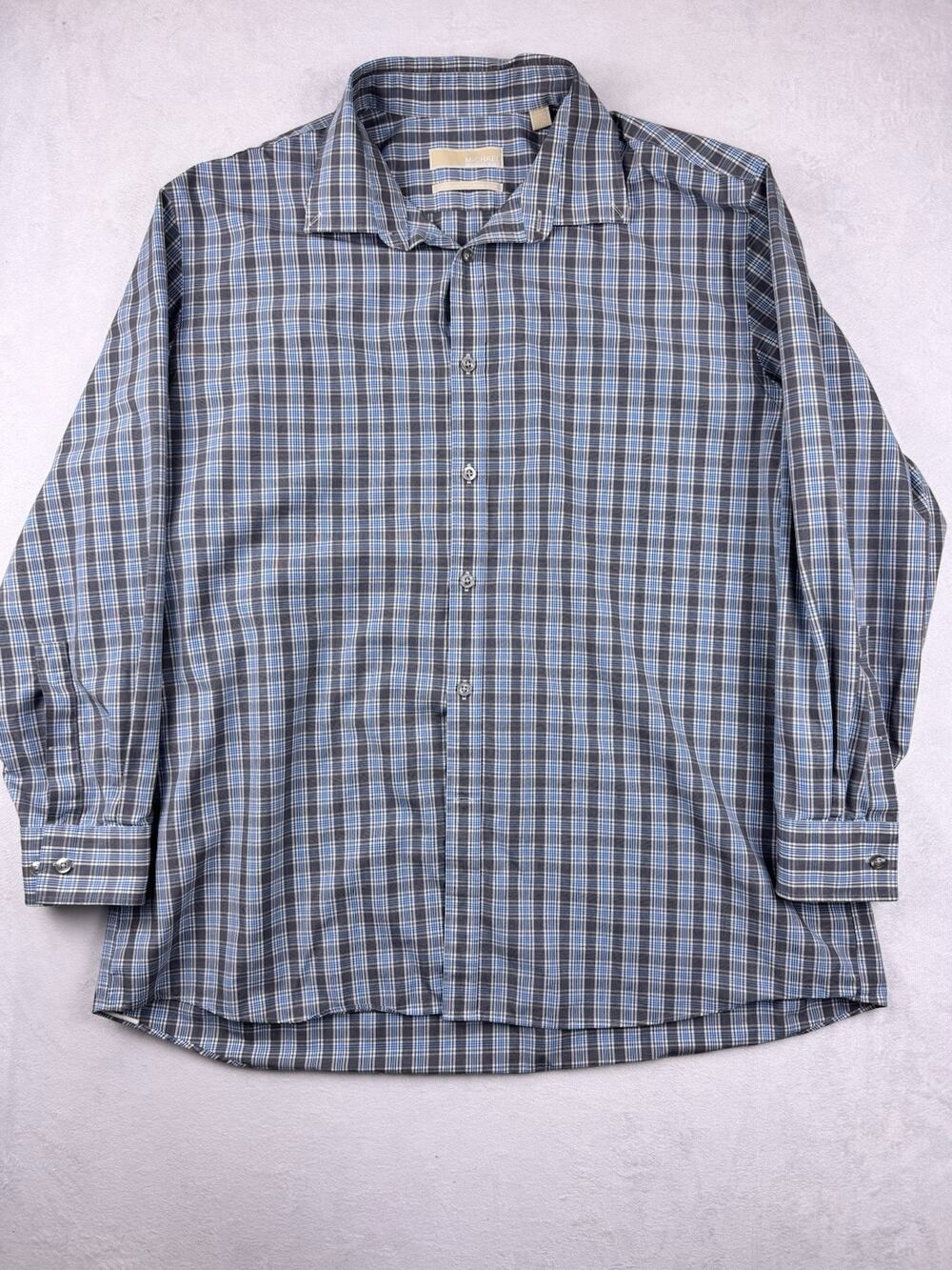 Michael Kors Tailored Fit Plaid Shirt Men’s 17.5 32/33 Blue Gray Button Up